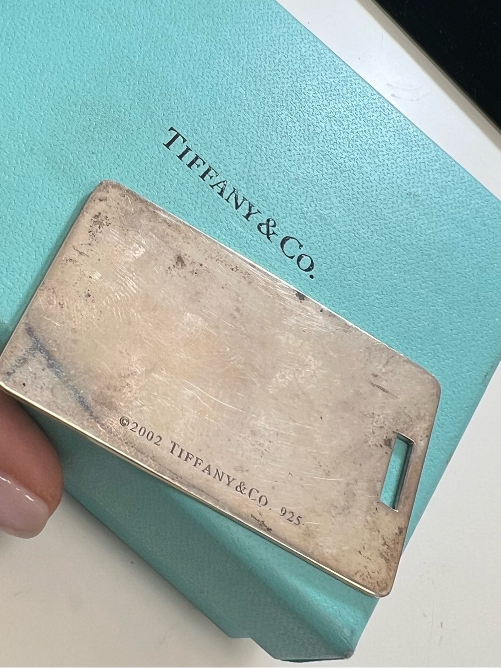 Tiffany & Co. Sterling Silver Card Tag with Blue Accent